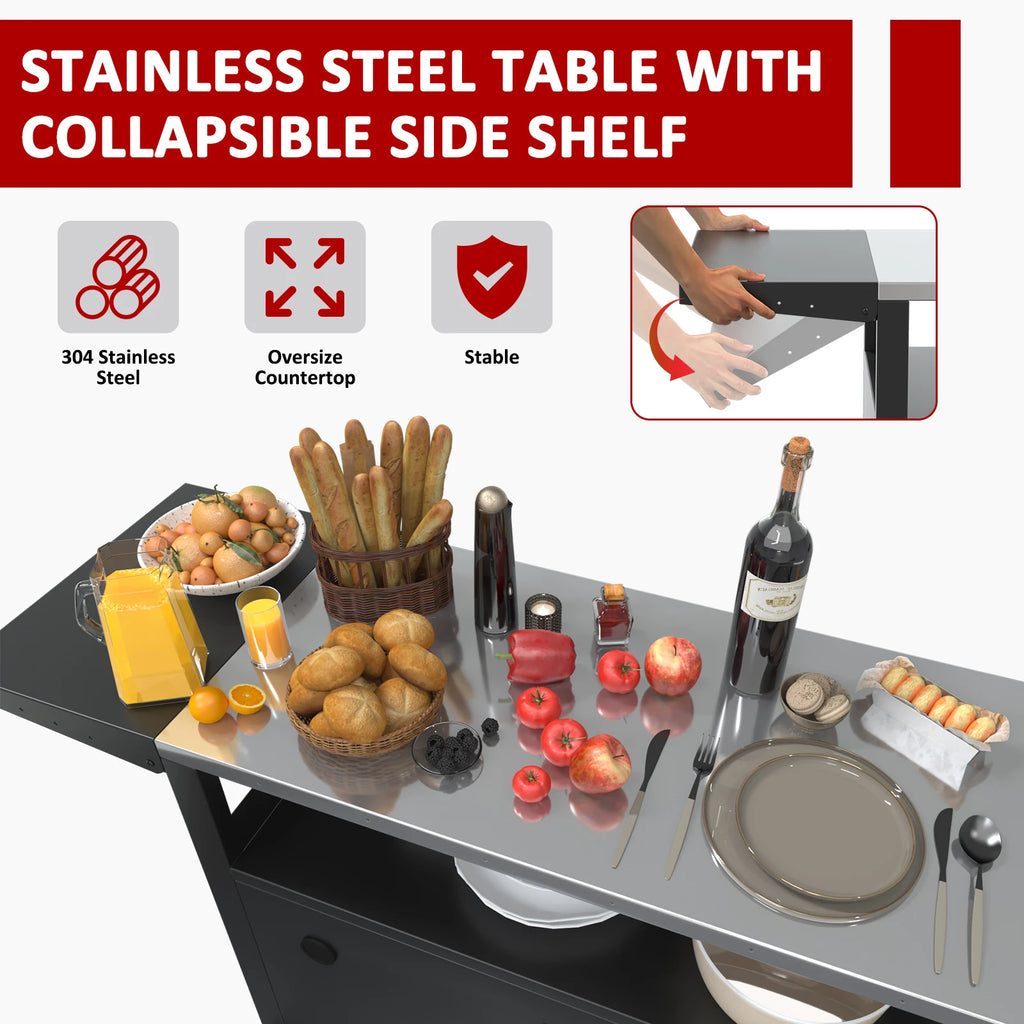 Outdoor Grill Cart with Wheels, Weatherproof Outdoor Kitchen Outdoor Bar Cart Mobile BBQ with Foldable Stainless Steel Top & Sto