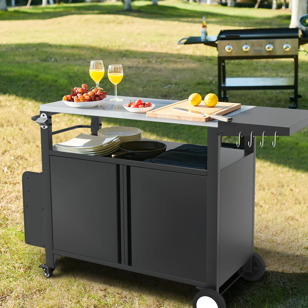 Outdoor Grill Cart with Wheels, Weatherproof Outdoor Kitchen Outdoor Bar Cart Mobile BBQ with Foldable Stainless Steel Top & Sto