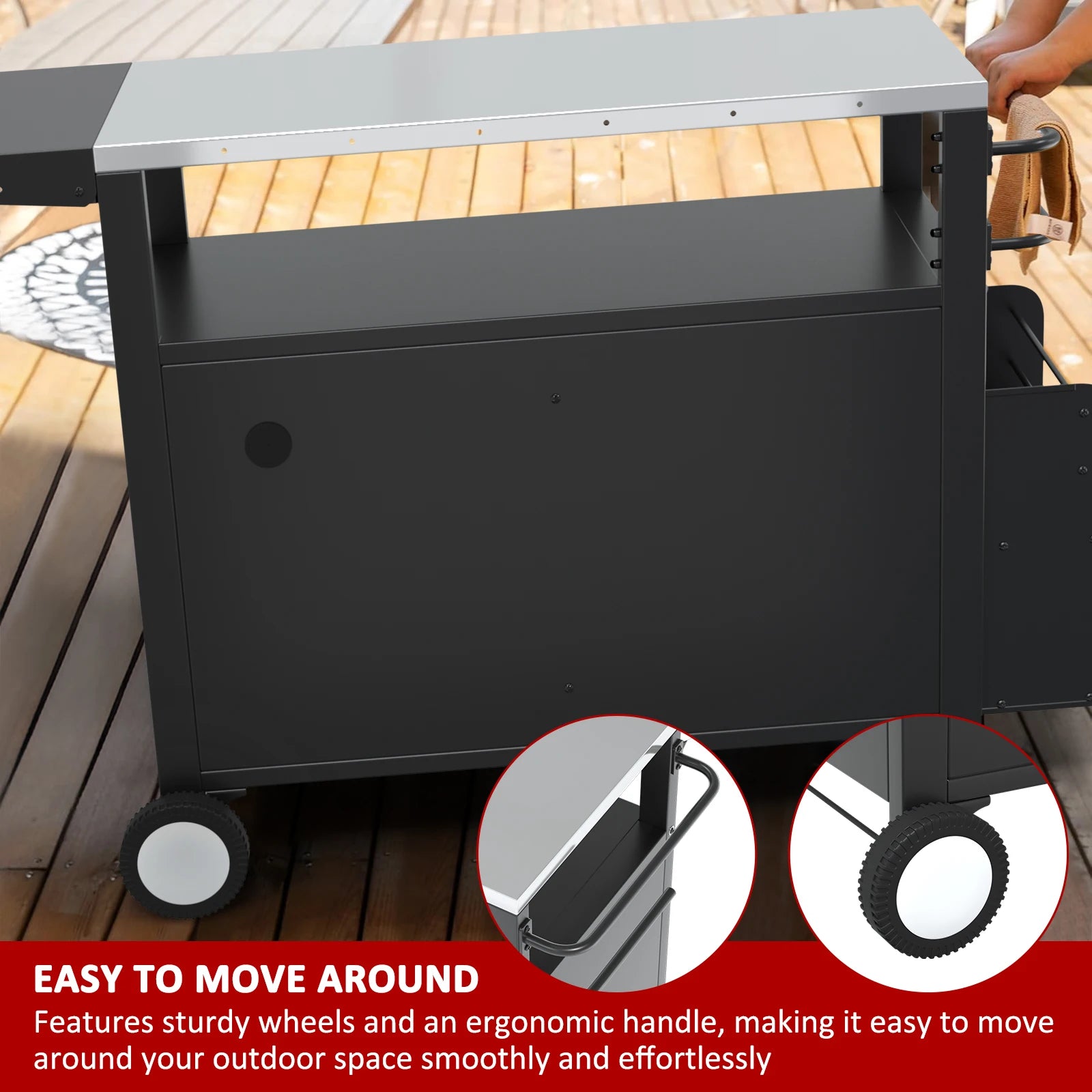 Outdoor Grill Cart with Wheels, Weatherproof Outdoor Kitchen Outdoor Bar Cart Mobile BBQ with Foldable Stainless Steel Top & Sto