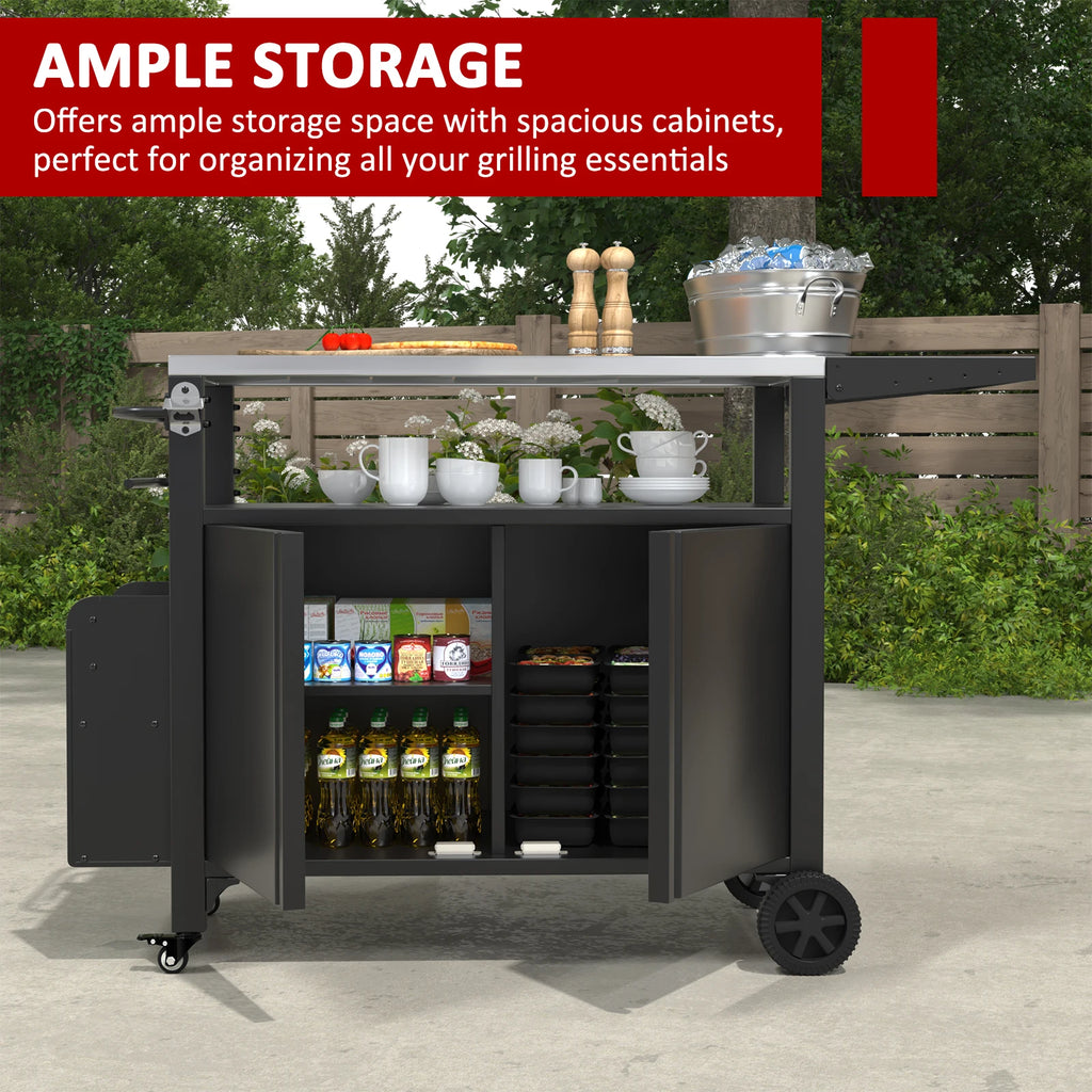 Outdoor Grill Cart with Wheels, Weatherproof Outdoor Kitchen Outdoor Bar Cart Mobile BBQ with Foldable Stainless Steel Top & Sto